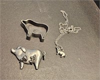 Pewter pig necklace, earrings, pin & holder
