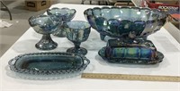6 Blue/Green Carnival glass dishes