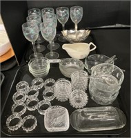 Glass Salt Wells, Dishes. Silver Tone Basket.