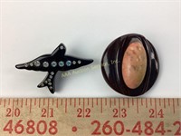 Black Bakelite rhinestone bird pin Art Deco,