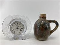 Lot of 2: Glass tabletop clock, and a small jug wi