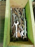 Open end wrenches in handmade wooden box
