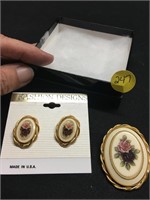 Vintage Matching Earrings and Brooch / Pin Floral