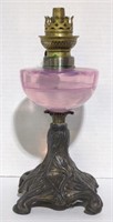 (E) Vtg. Cranberry Metal Oil Lamp (Approx. 11")