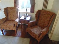 Pair of Wing Back Chairs, 2 Endstands, and Lamps