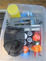 TUB OF BRAKE FLUID, PAINT, BRACKETS, LIGHTS, ETC.