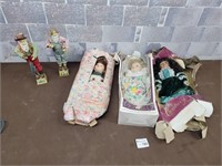 3 Vintage dolls and 2 folk art figures