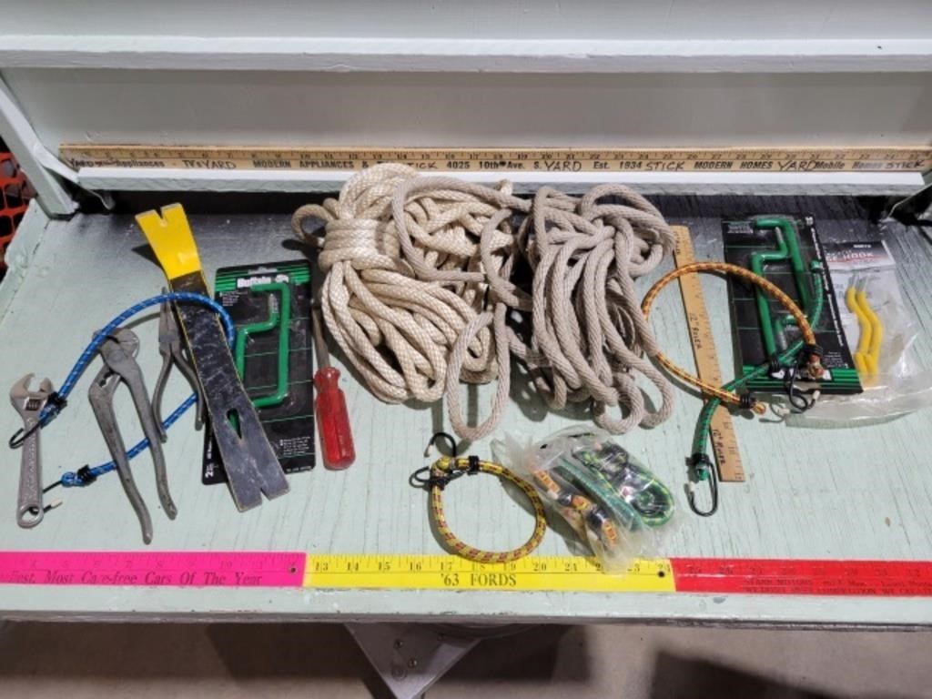 ROPE, BUNGEE CORDS, HOOKS, HAND TOOLS