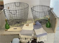 2 Wire Baskets, Tea Towels, Cosmetics Case,