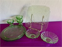 Green Depression Glass Plates, Custard Cups  ++