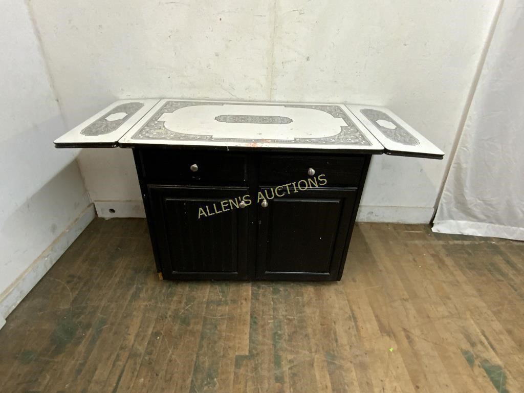 WOOD AND METAL DROP LEAF TABLE  CABINET