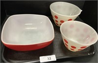 Vintage Pyrex Round Square Bowl, Fire King Polka