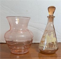 FRENCH PEACH GLASS DECANTER W/ HUNTING SCENE