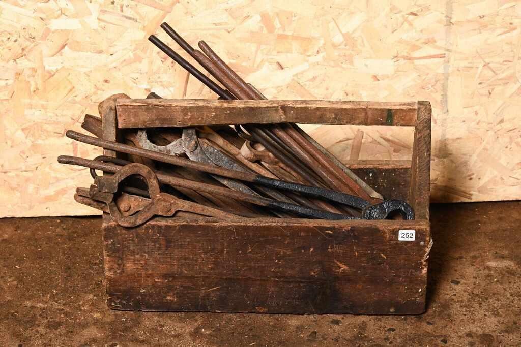 WOODEN TOOL BOX WITH BLACKMSITH TONGS