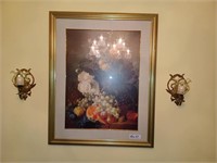 Gold Framed Fruit Print and 2 candle holders