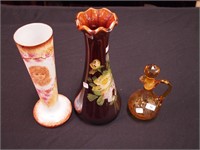 Yellow Bohemian glass cruet and two vases ,