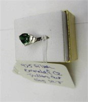925 Silver Emerald & CZ Trillion Cut Ring SZ 7