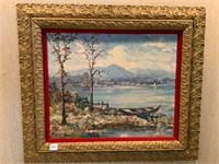 Antique Framed Mountain Lake Scene Print