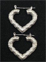 Vintage Small Silver 925 Heart Bamboo Earrings