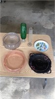 Vases, Texas plate, Depression glass cake plate &