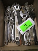 Box of Various Adjustable Wrenches