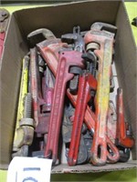 Box of Various Size Pipe Wrenches