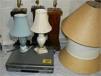 VCR/DVD PLAYER, 2 LAMPS, 3 TALL WOOD LAMPS, 3