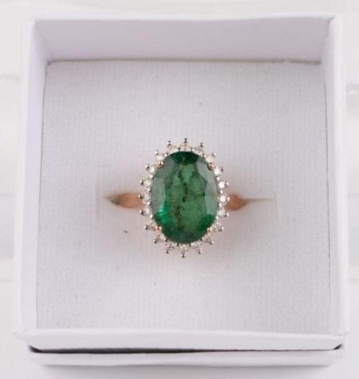 14K Rose Gold Large Emerald & Diamond Ring.