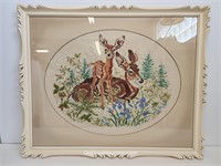 Cross Stitch Deer Picture & Wood Frame 33"W x 27"H