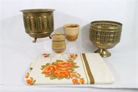 VTG Brass Footed Planters, NEW 70's Table Cloth