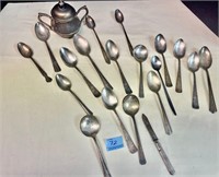 Silver plate silverware and sugar bowl