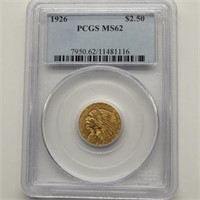 1926 $2.50 GOLD INDIAN COIN PCGS MS62