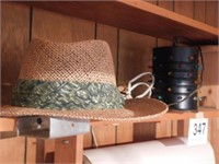 Metal can light - straw hat - wooden stool -