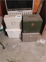 Old desk chair on wheels - filing boxes with