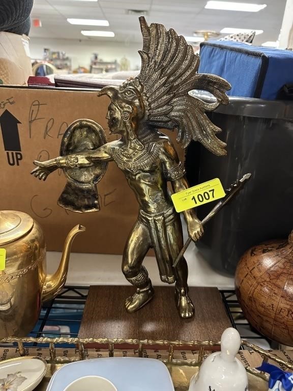 LARGE VTG AZTEC SPELTER WARRIOR SCULPTURE