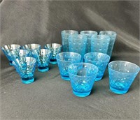 Set Of 15 Hobnail Blue Low Ball High Ball Glasses