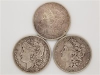 3 Morgan silver dollars: 1887, 1897 O cleaned, 188