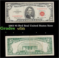 1963 $5 Red Seal United States Note Grades vf++