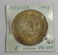 1948  Mexico  5 Pesos  AU+   .8680 asw.