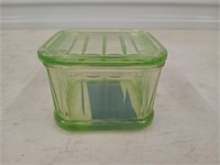 Green depression glass refrigerator dish, has