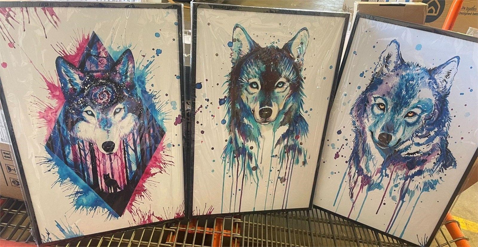 3pc Watercolor Wolf Prints on Canvas, 16"x23 1/2"