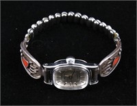 Navajo Sterling Silver & Coral Bear Paw Watch