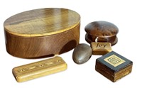 (6) Wood Carved / Inlaid Pin / Pill Jewelry Boxes