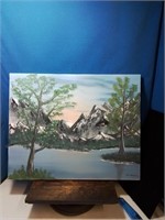 Oil on canvas mountain and lake son stretcher