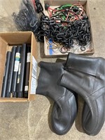 Plastic chain, bungee straps, rubber tote boots