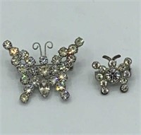 Lot of 2 Vintage Rhinestone Butterfly Brooches