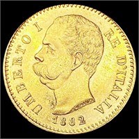 1882 Italy .1867oz Gold 20 Lire UNCIRCULATED