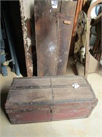 SMALL TRUNK W/ OLD RED PAINT, WOOD BOX W/LID
