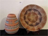 Signed Pottery Vase & Basket