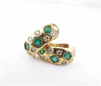 18K Yellow Gold Emerald and Diamond Earrings